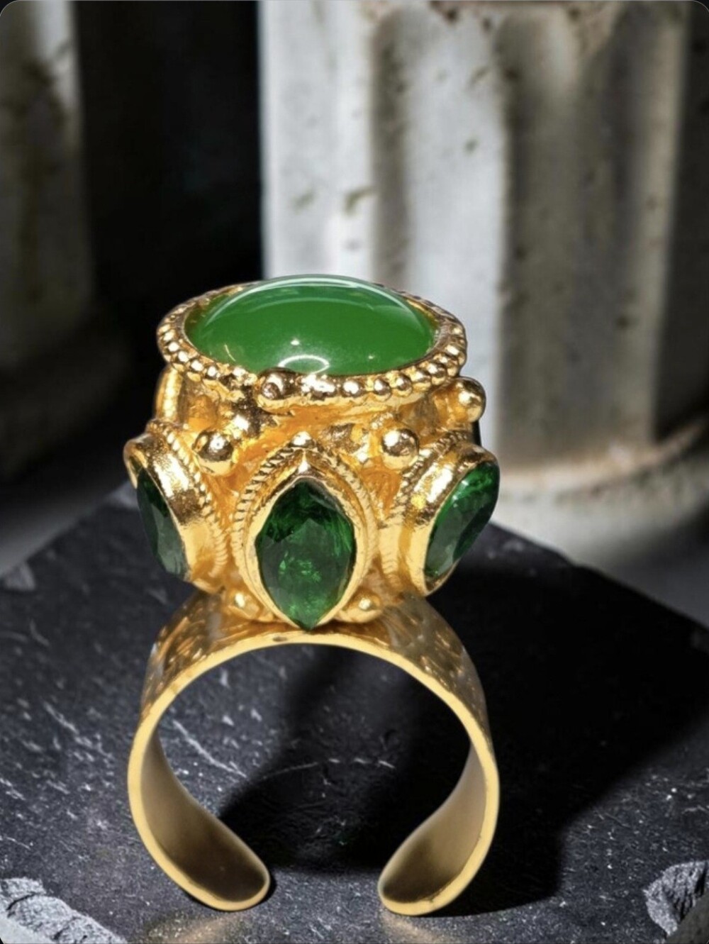 18k Gold Plated Huge Emerald Onyx Crystal Byzantine Etruscan Crowned Ring